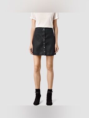 All Saints Gil Button Front Wax Coated Black Denim Skirt
